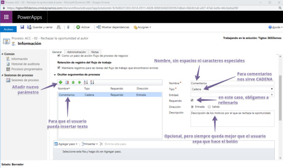Creación de argumentos para la acción del procesos de negocio_03